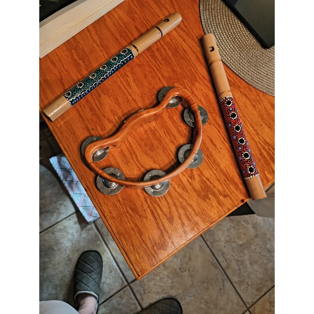 Handmade Teak Wood Tambourine And Two Wood Flutes Possibly Bamboo